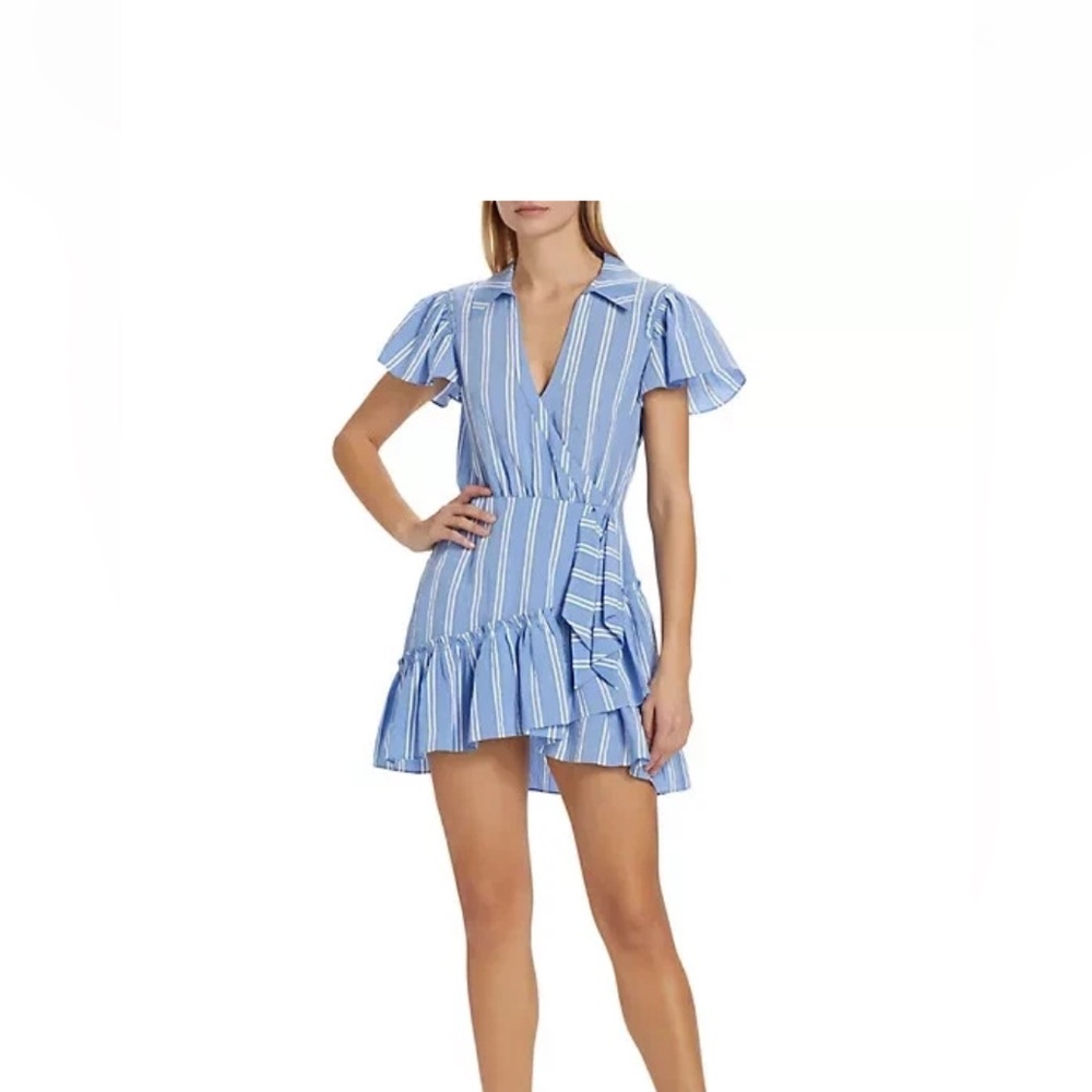 Cinq à Sept 'Lila' Ticking Stripe Wrap-Style Mini-Dress, Oxford Blue - size 2